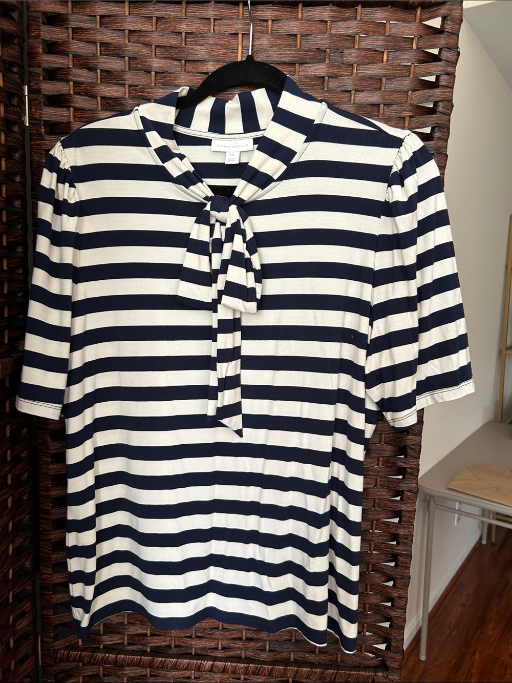 Navy and White Striped Tie-Neck Tee